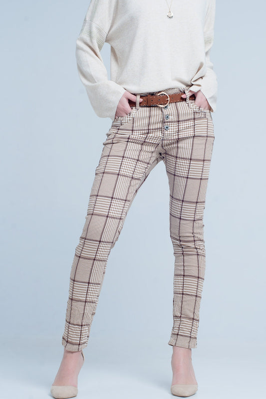 Q2 Pantaloni a quadri beige con pulsante