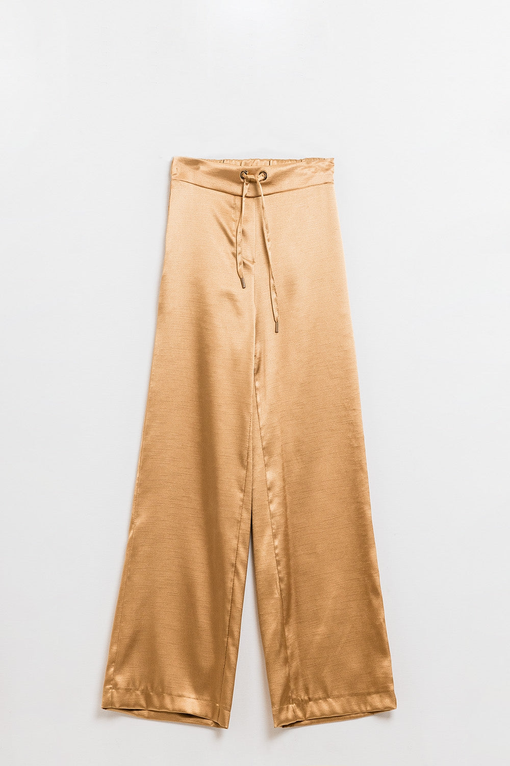 Q2 Pantaloni a vita alta a gamba larga in raso beige dorato con coulisse