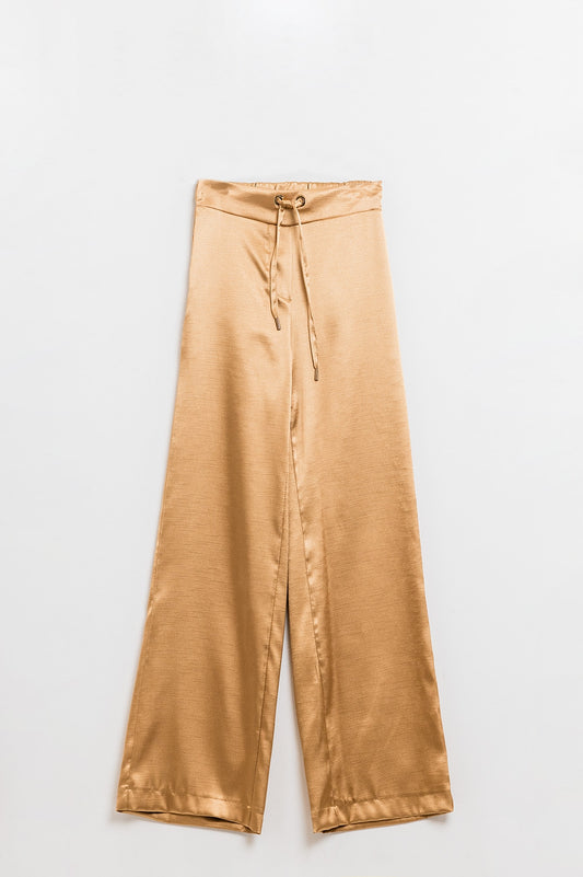 Q2 Pantaloni a vita alta a gamba larga in raso beige dorato con coulisse