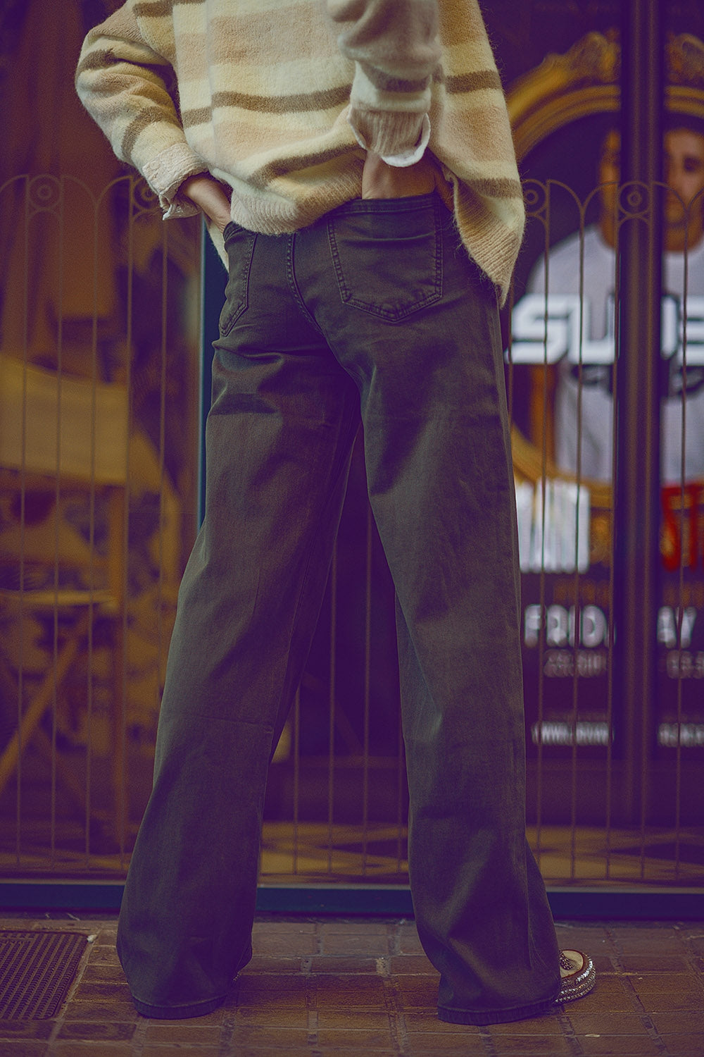 Pantaloni a vita alta verde militare a gamba larga