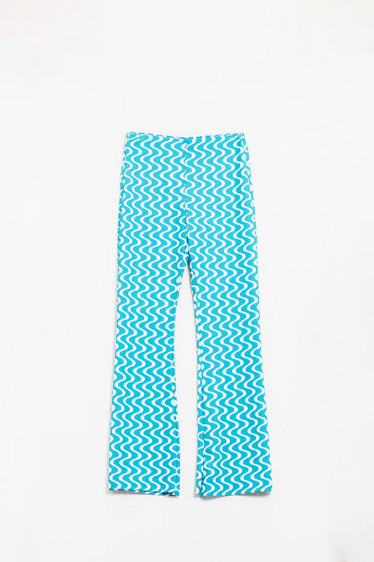 Q2 Pantaloni a zampa azzurri stile anni 70 a vita alta