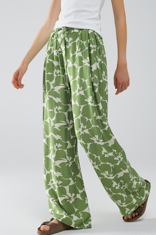 Q2 Pantaloni a zampa elasticizzati con stampa floreale verde