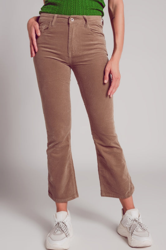 Q2 Pantaloni a zampa in velluto a coste beige