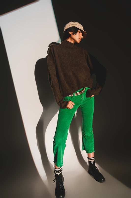 Q2 Pantaloni a zampa in velluto a coste color verde intenso