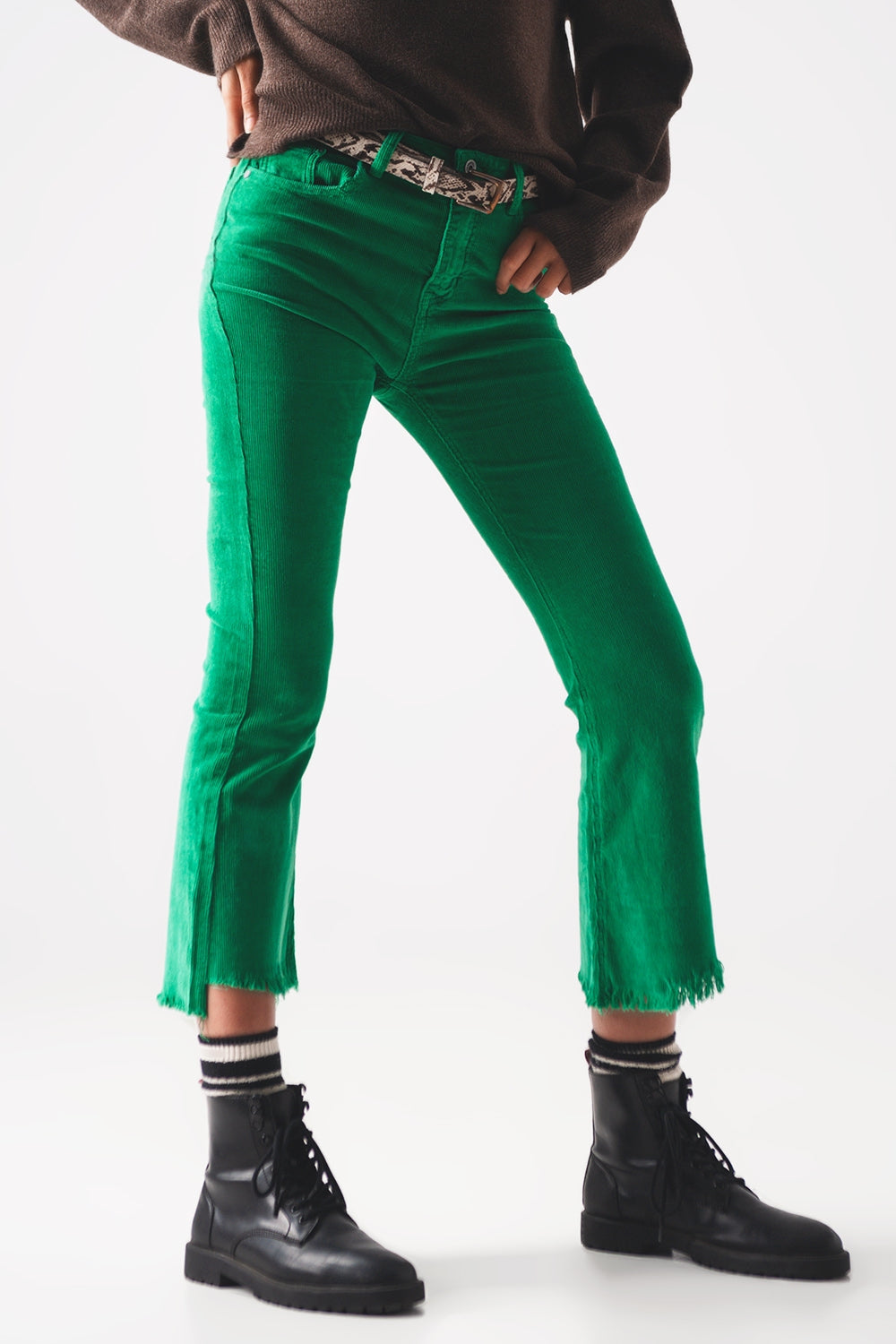 Pantaloni a zampa in velluto a coste color verde intenso