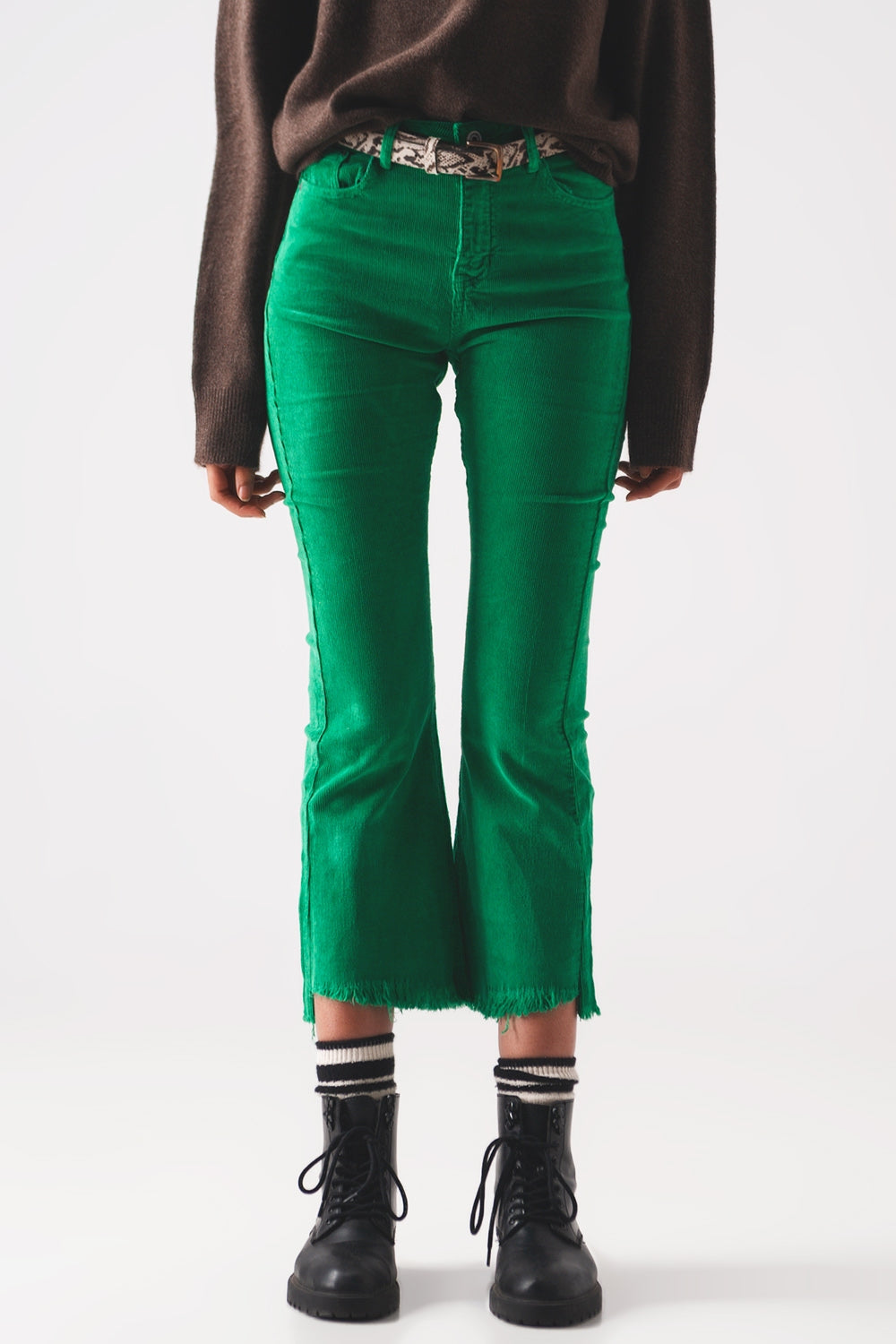 Pantaloni a zampa in velluto a coste color verde intenso