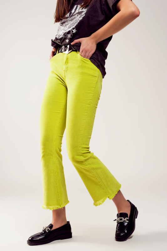 Q2 Pantaloni a zampa in velluto a coste color verde lime