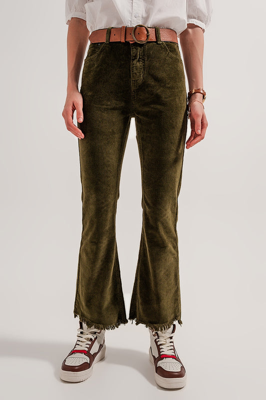 Q2 Pantaloni a zampa in velluto a coste color verde
