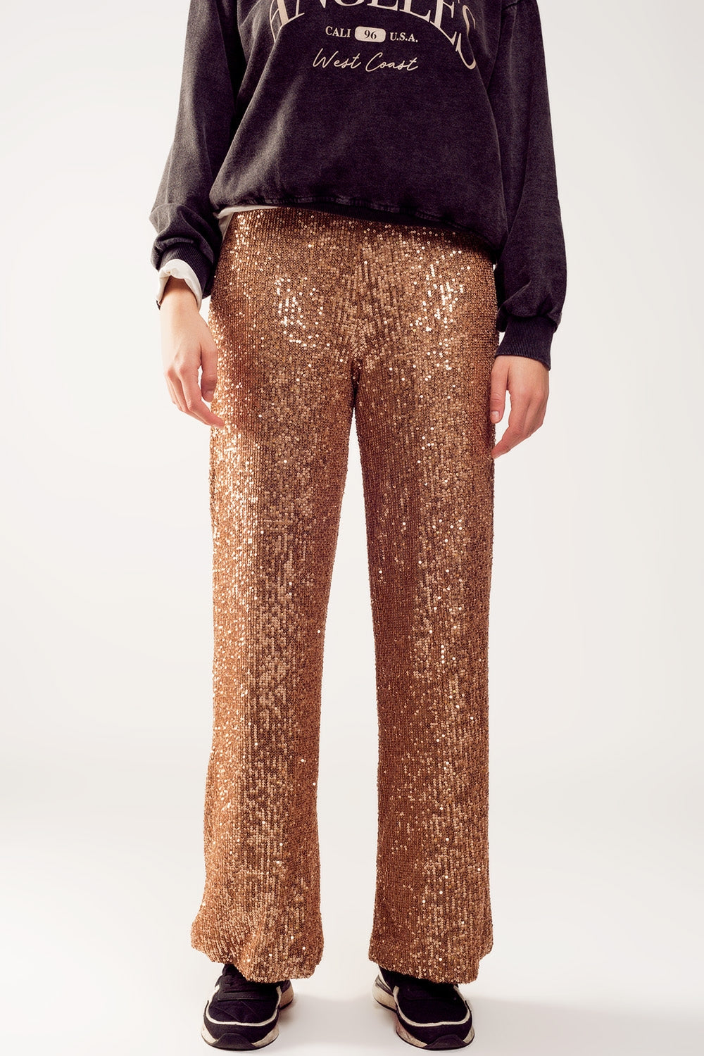 Q2 Pantaloni ampi in paillettes oro