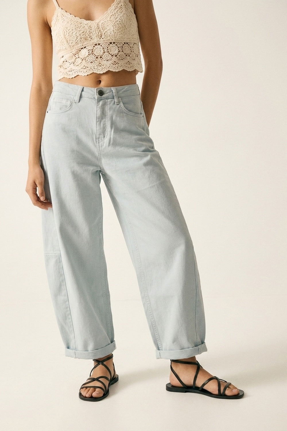 Q2 Pantaloni Azzurri Larghi in Cotone Leggero Stile Barrel