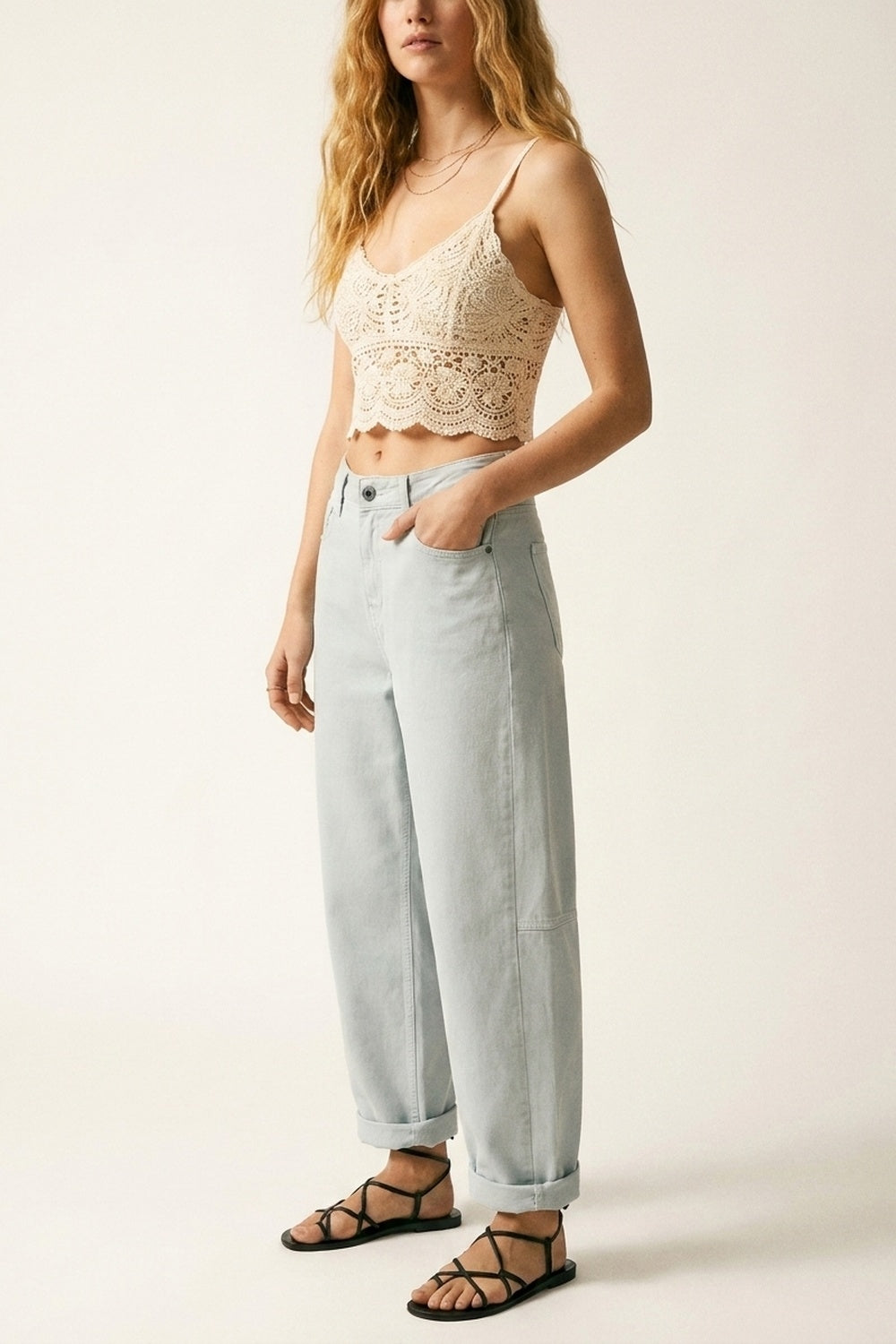 Pantaloni Azzurri Larghi in Cotone Leggero Stile Barrel