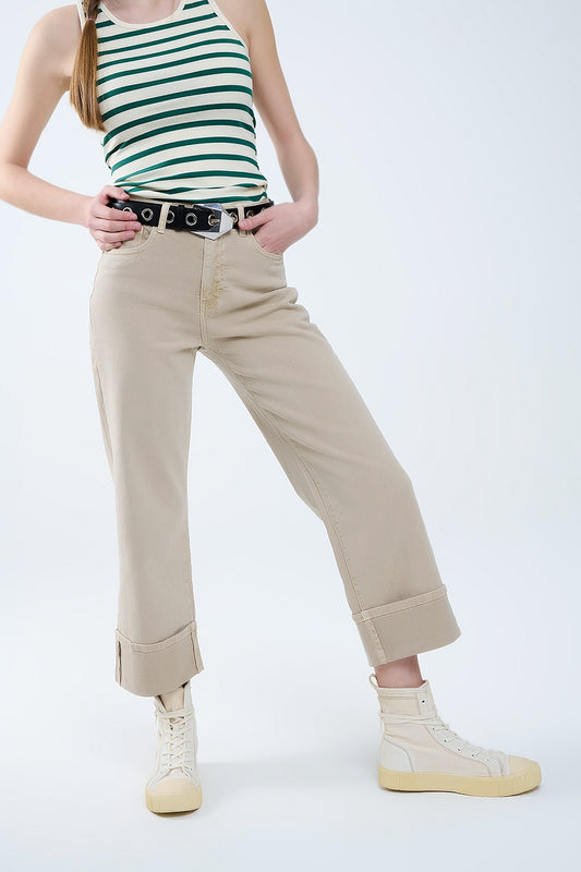 Q2 Pantaloni Beige a gamba dritta con orlo ritagliato