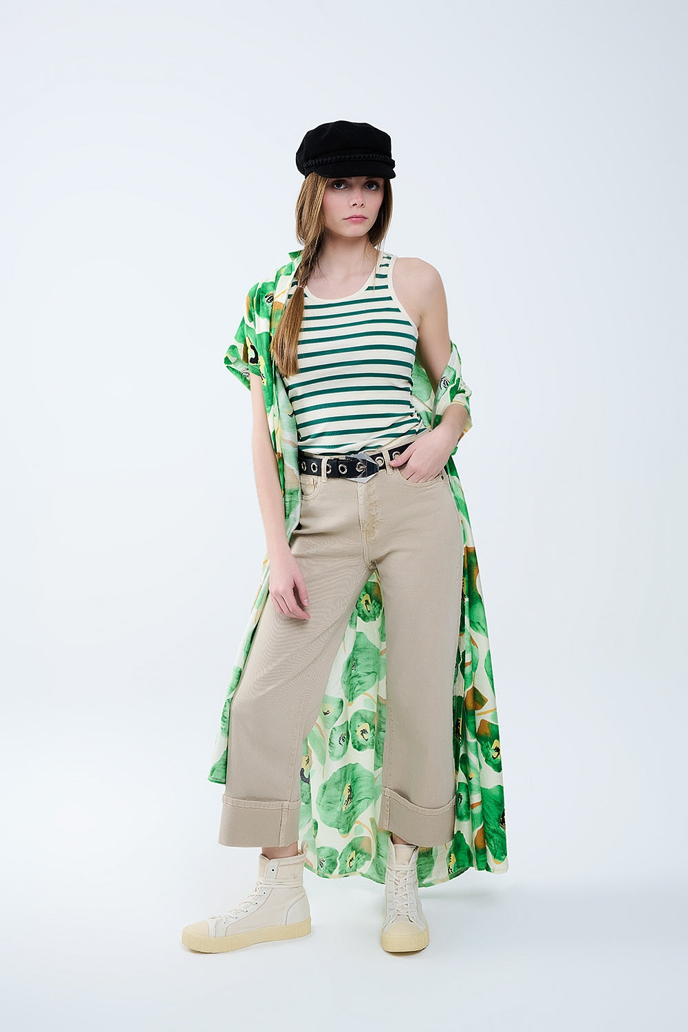 Pantaloni Beige a gamba dritta con orlo ritagliato