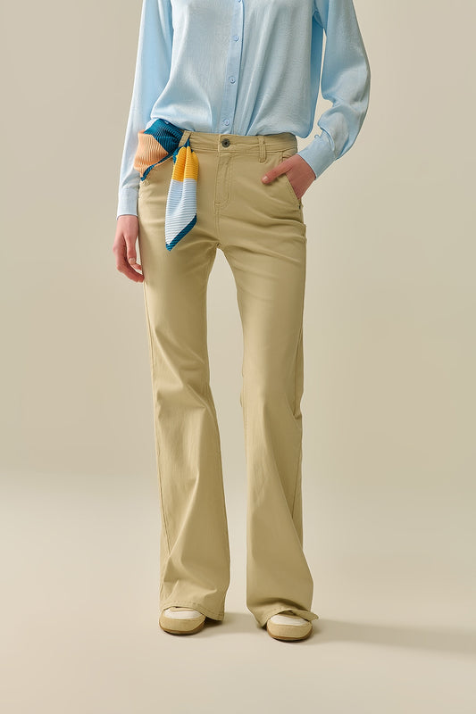 Q2 Pantaloni Beige a Zampa Comodi ed Elasticizzati