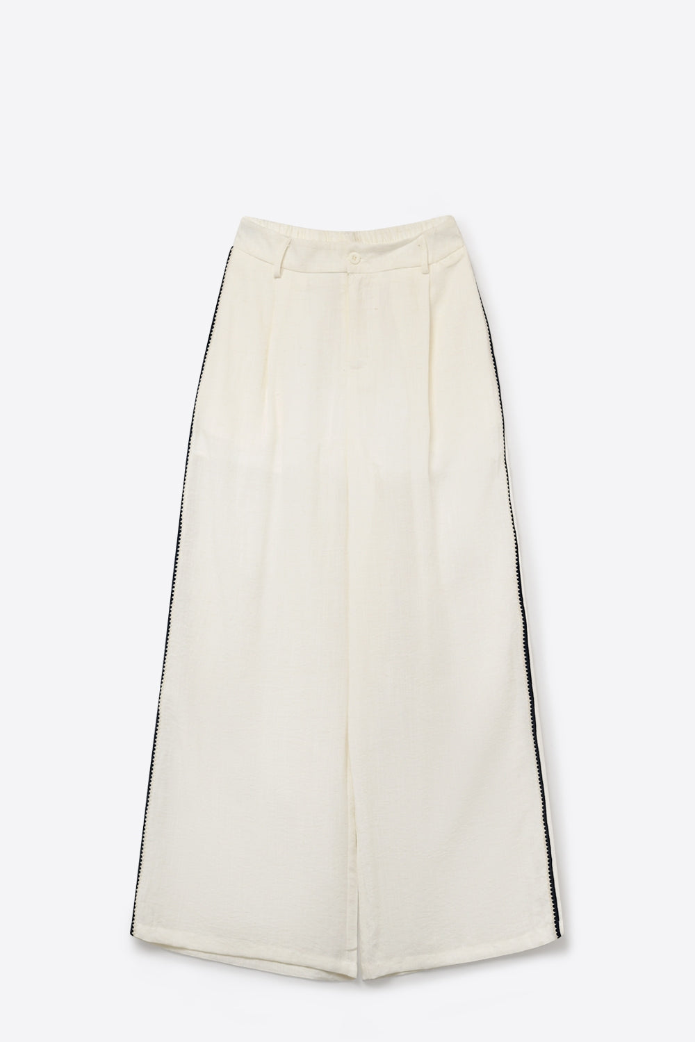 Pantaloni bianchi a gamba larga con dettaglio laterale a zig-zag blu navy