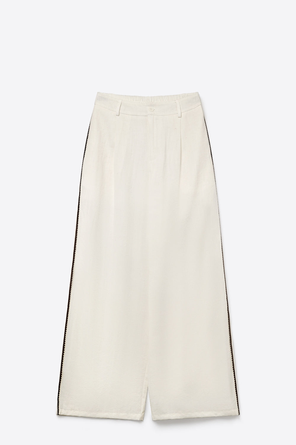 Pantaloni Bianchi a Gamba Larga con Dettaglio Laterale a Zig-Zag Marrone