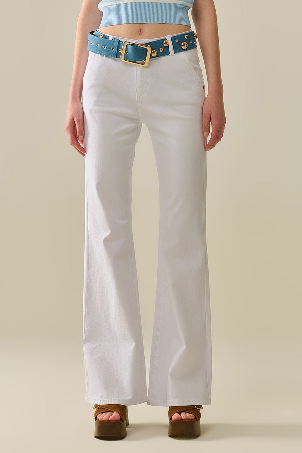 Q2 Pantaloni Bianchi Comodi e Elasticizzati a Zampa