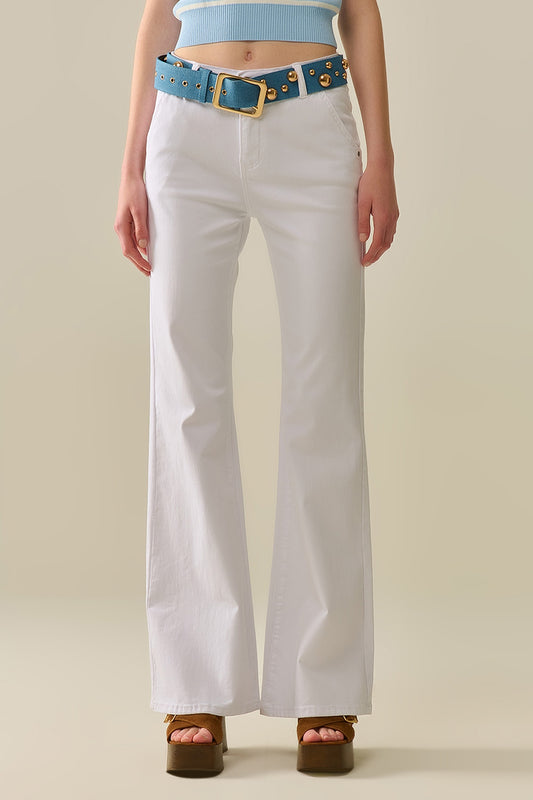 Q2 Pantaloni Bianchi Comodi e Elasticizzati a Zampa