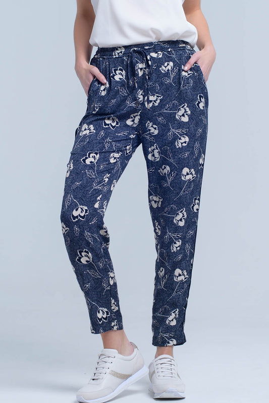 Q2 Pantaloni blu navy con stampa floreale