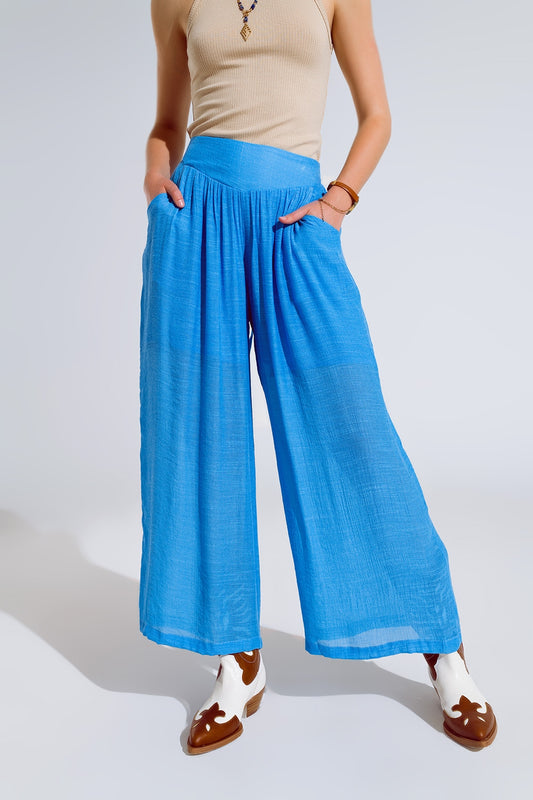 Q2 Pantaloni blu stile palazzo con tasche laterali e banda spessa in vita