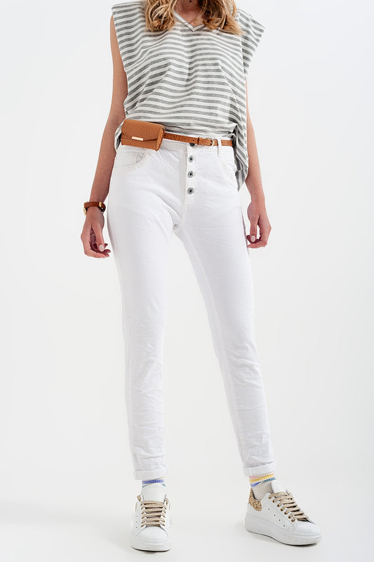 Q2 Pantaloni boyfriend bianco con dettaglio tascabile di paillettes