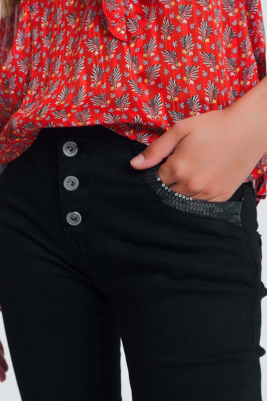 Q2 Pantaloni boyfriend nero con dettaglio tascabile di paillettes