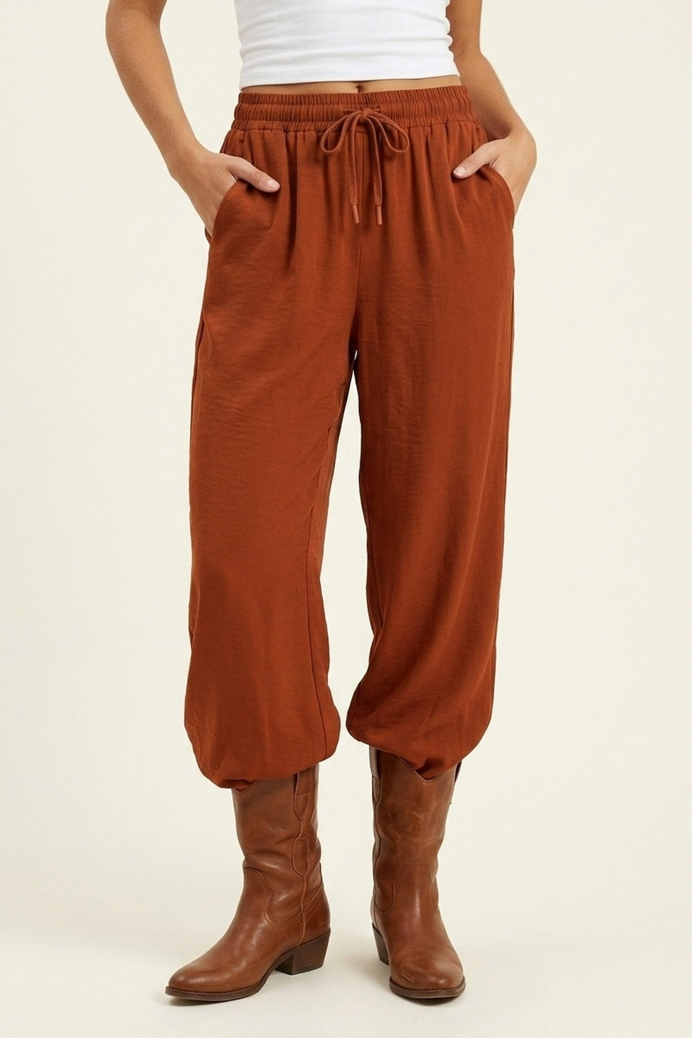 Pantaloni Casual a Gamba Larga in Terracotta con Coulisse in Vita