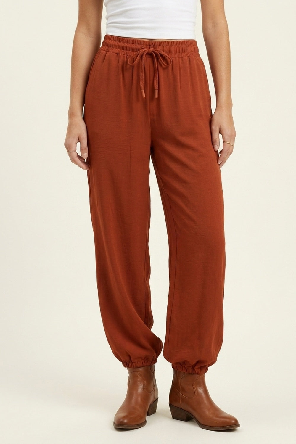 Q2 Pantaloni Casual a Gamba Larga in Terracotta con Coulisse in Vita