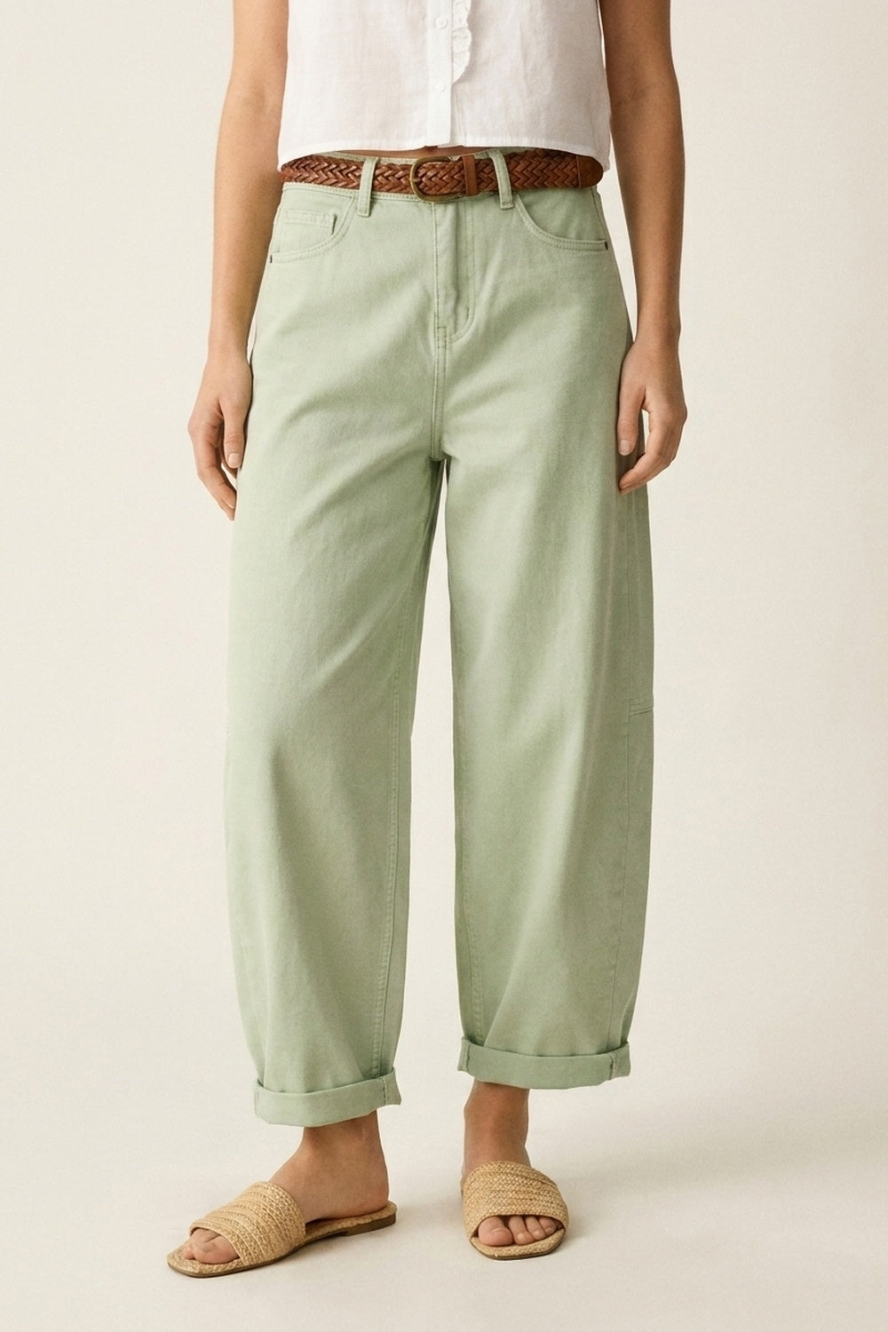 Pantaloni Casual in Cotone Verde Chiaro a Gamba Larga in Stile Barrel