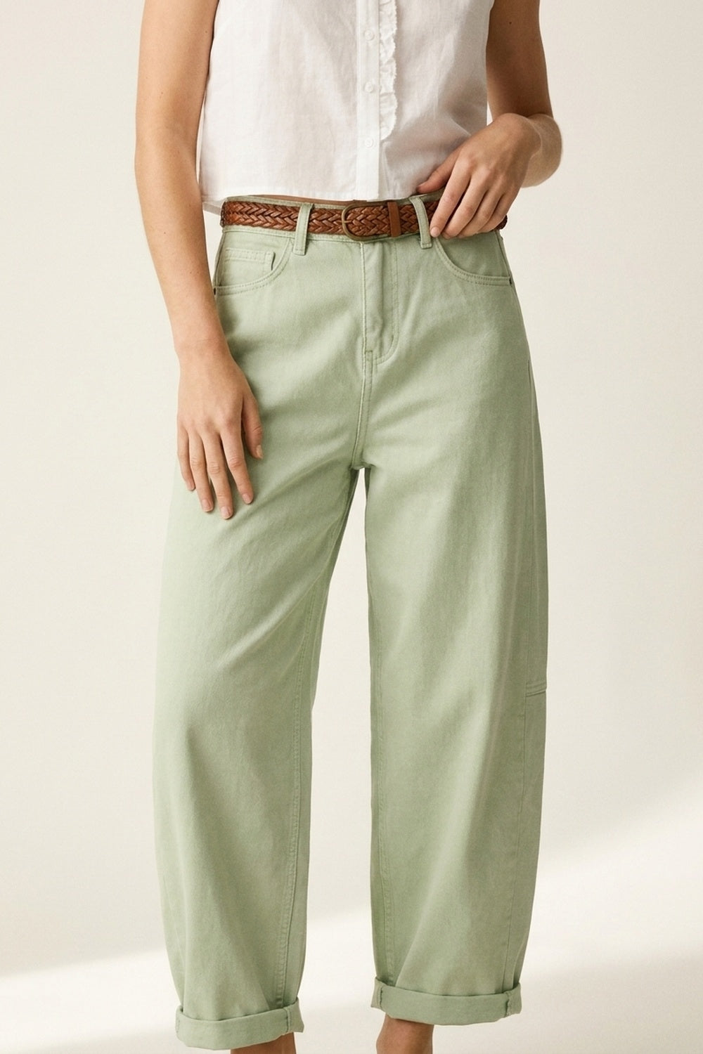 Pantaloni Casual in Cotone Verde Chiaro a Gamba Larga in Stile Barrel