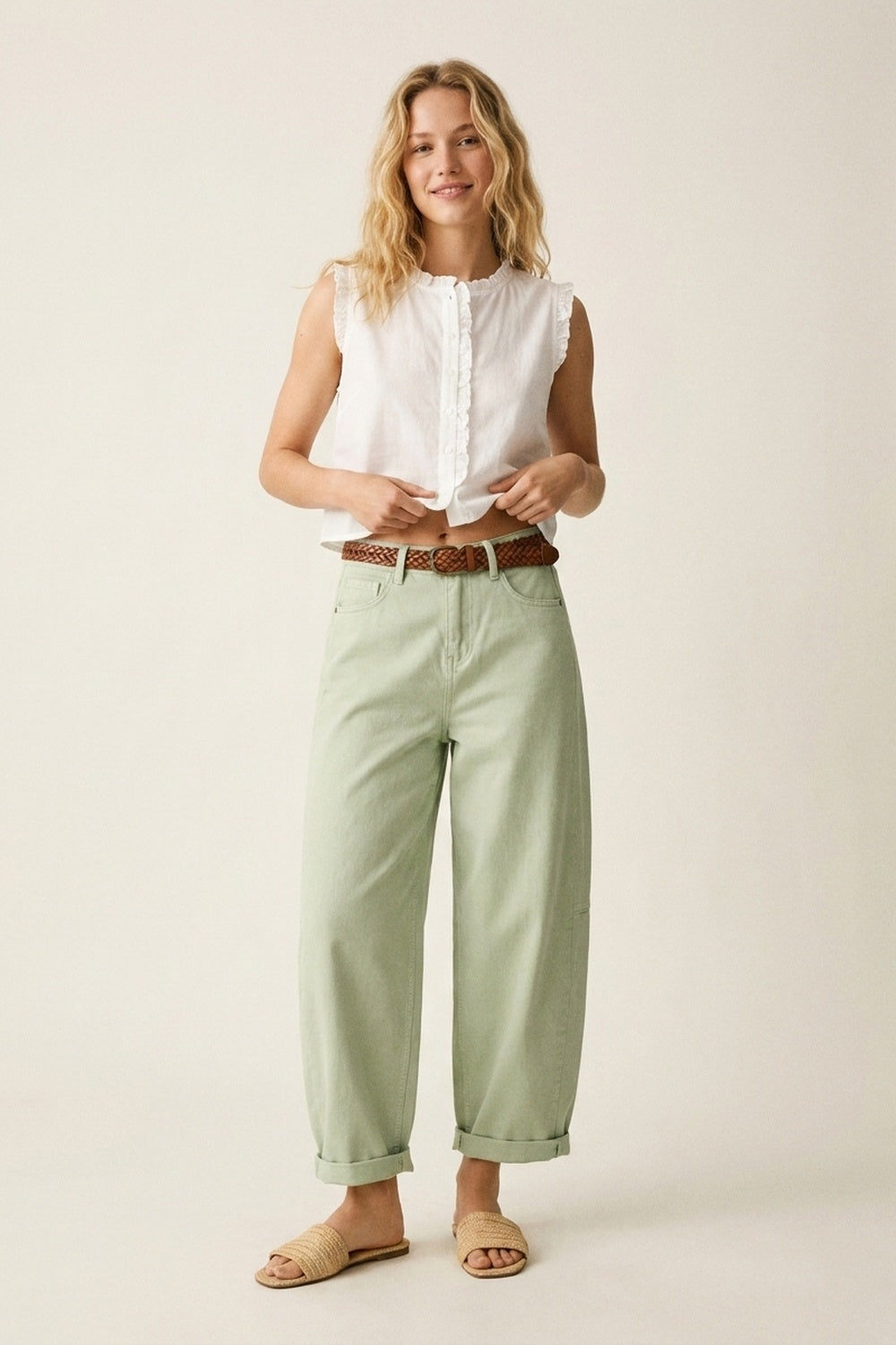Pantaloni Casual in Cotone Verde Chiaro a Gamba Larga in Stile Barrel