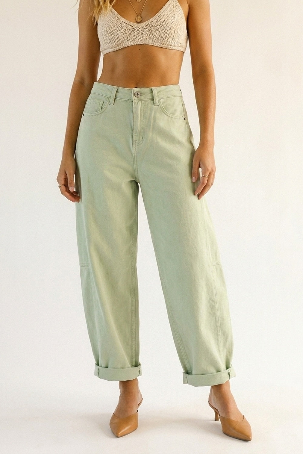 Q2 Pantaloni Casual in Cotone Verde Chiaro a Gamba Larga in Stile Barrel
