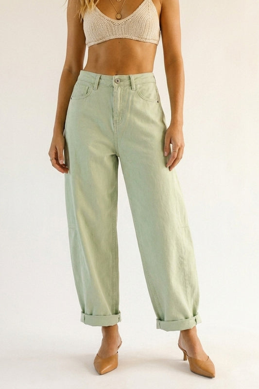 Q2 Pantaloni Casual in Cotone Verde Chiaro a Gamba Larga in Stile Barrel