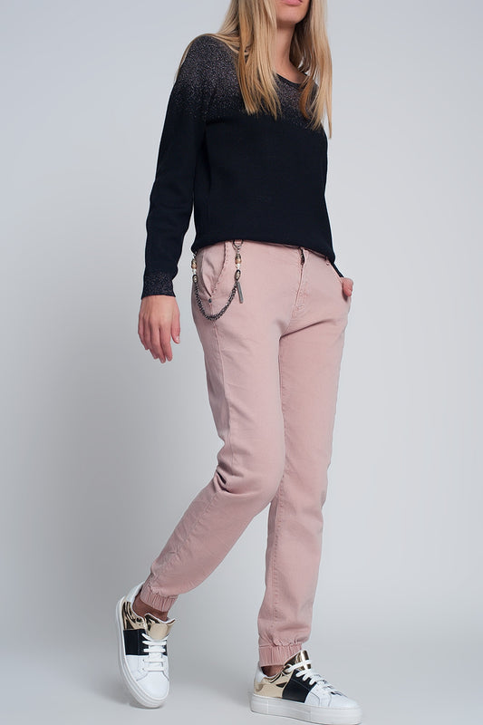 Q2 Pantaloni con elastico sul fondo e catena rosa