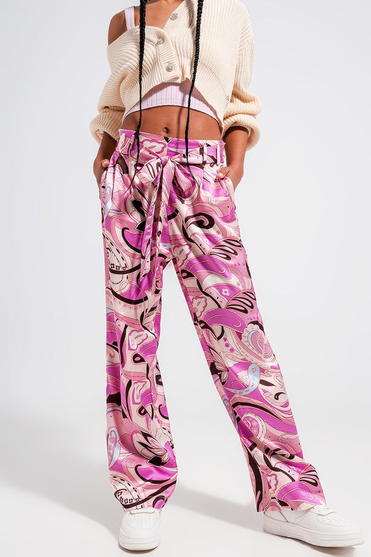 Q2 Pantaloni con fondo ampio e cintura in color rosa