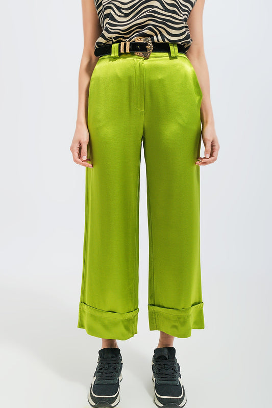 Q2 Pantaloni con fondo ampio in raso colore verde