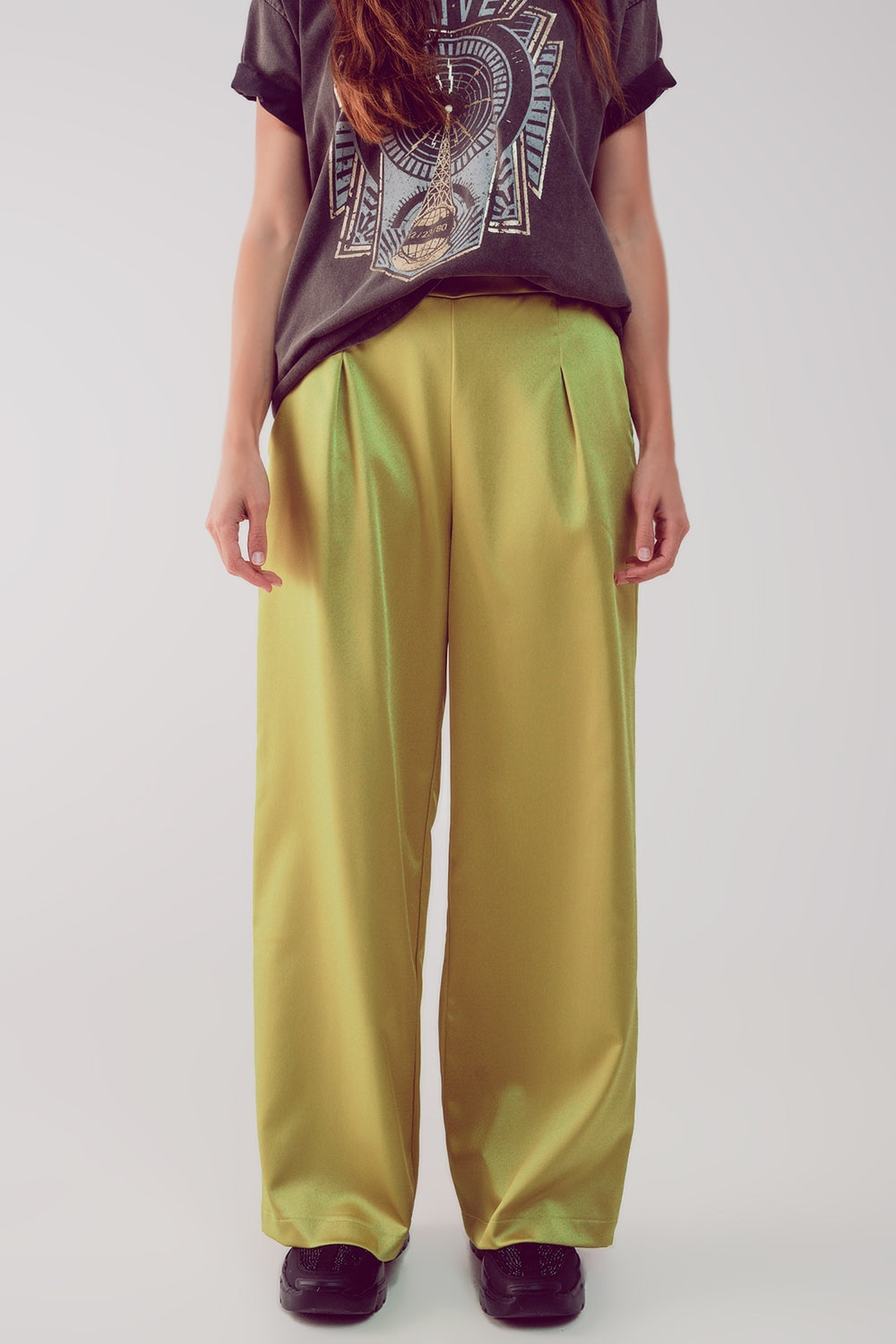 Pantaloni con pinces a fondo ampio in raso lime