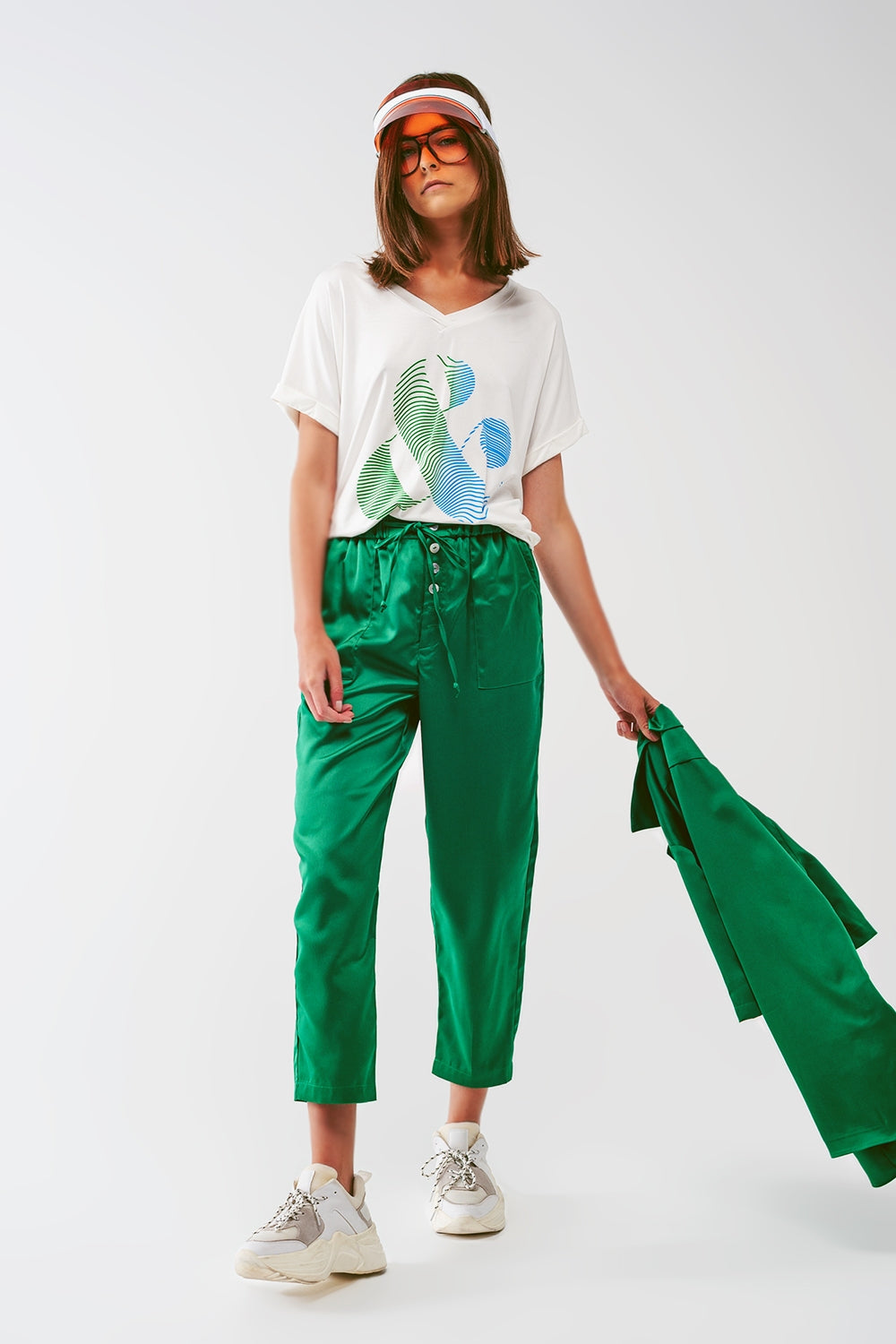 Pantaloni crop in raso verde
