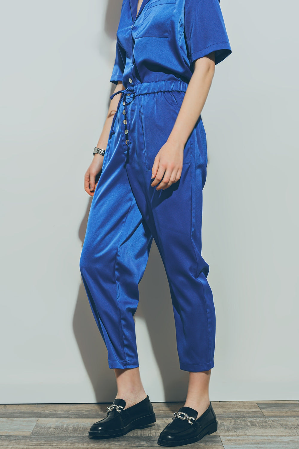 Pantaloni Cropped in Raso Blu