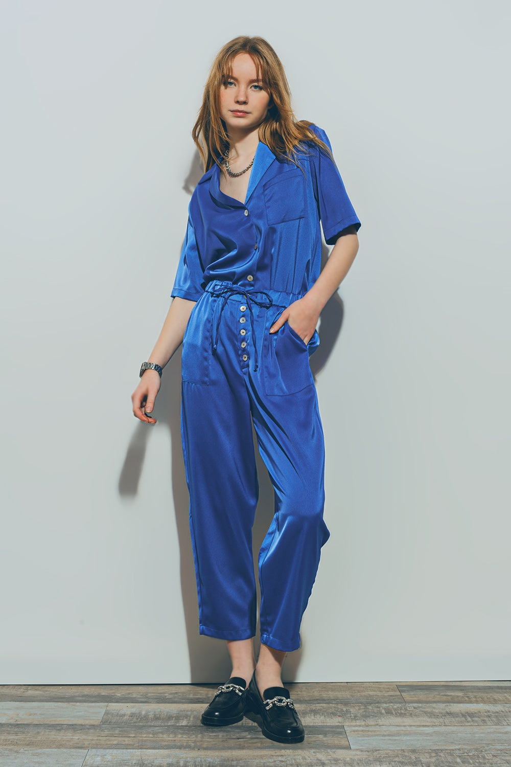 Pantaloni Cropped in Raso Blu