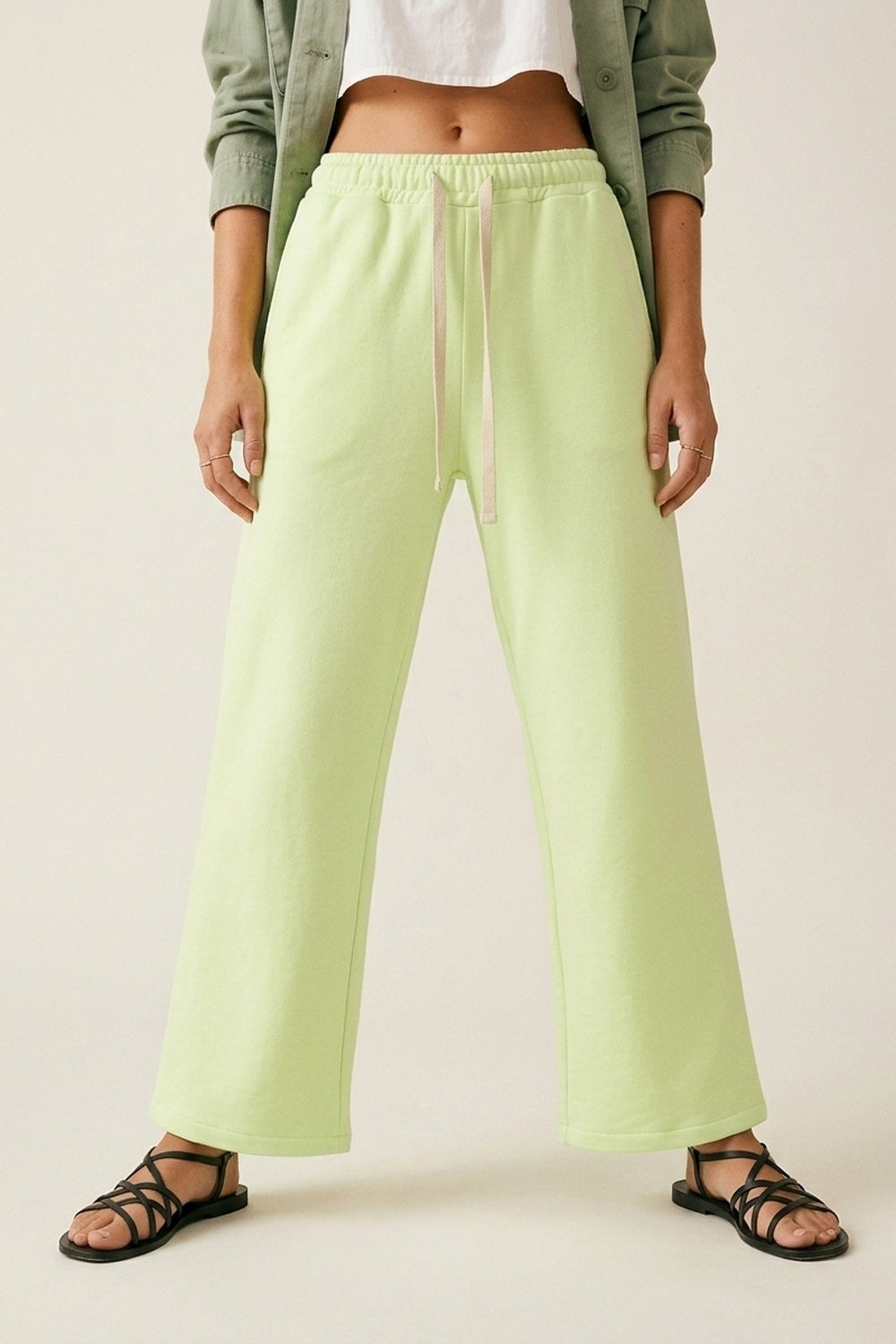 Q2 Pantaloni da ginnastica in maglia verde con elastico in vita e cravatta