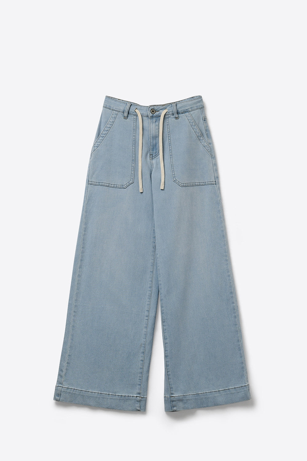 Pantaloni di jeans azzurri a gamba larga con vita con coulisse