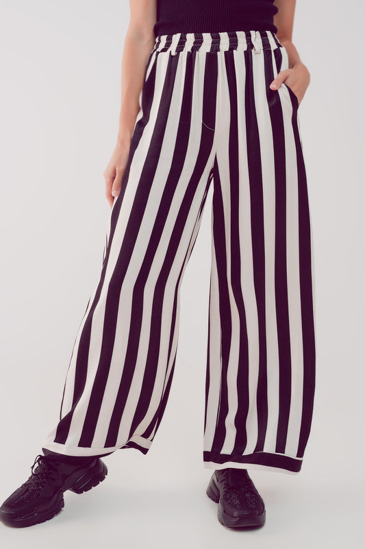 Q2 pantaloni di raso a fondo ampio a righe bianche e nere