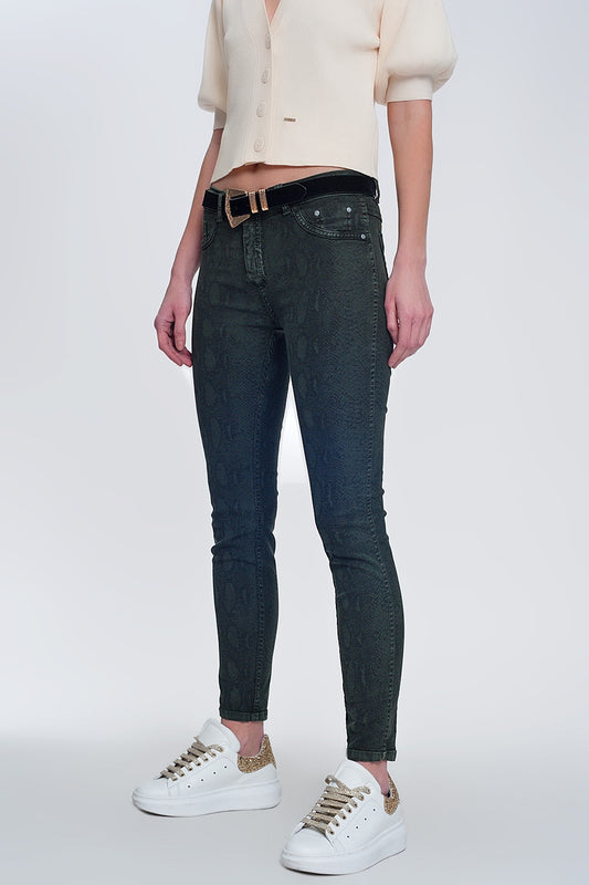 Q2 Pantaloni double-face skinny in kaki pitonati
