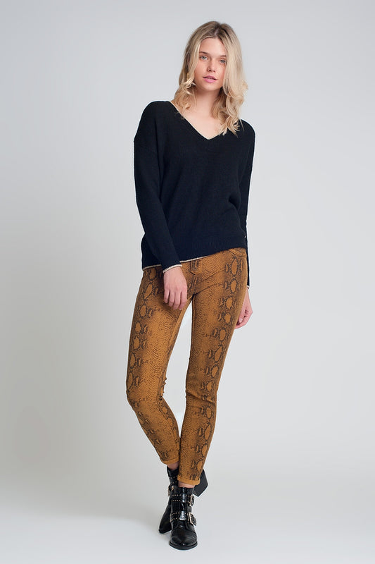 Q2 Pantaloni double-face skinny in Mustard pitonati