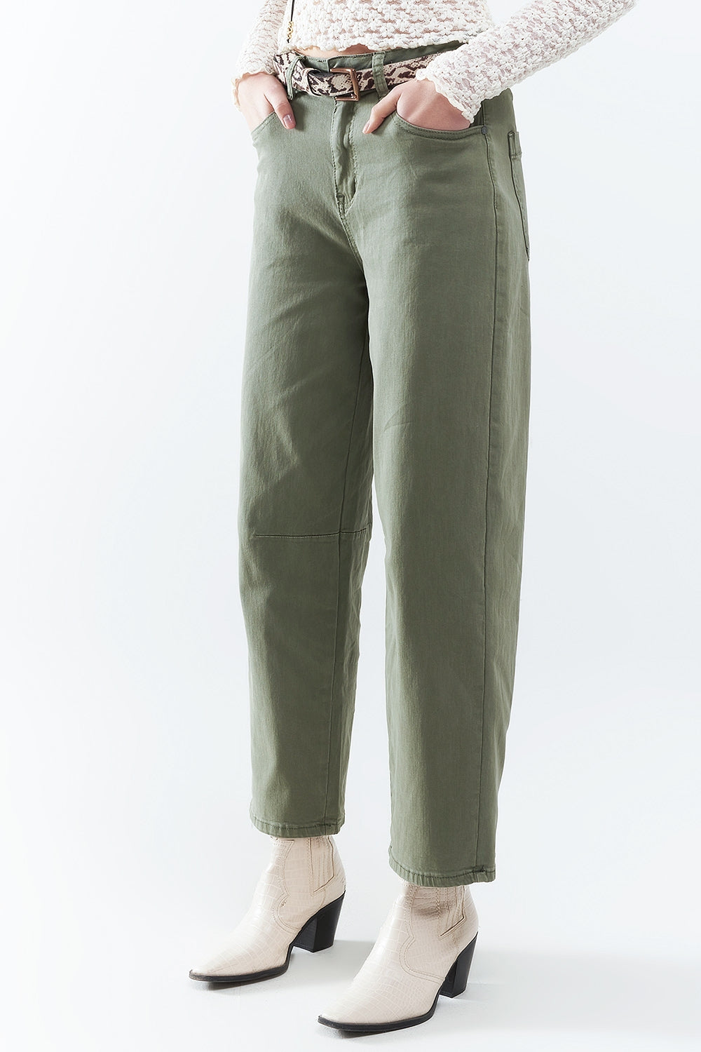 Pantaloni dritti alla caviglia in khaki con dettagli cucitura al ginocchio