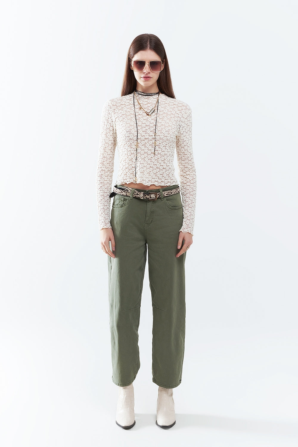 Pantaloni dritti alla caviglia in khaki con dettagli cucitura al ginocchio