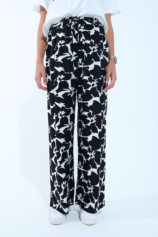 Q2 Pantaloni dritti con stampa floreale hawaiana in bianco e nero