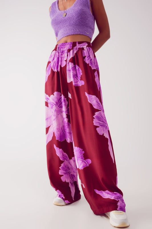 Q2 Pantaloni dritti fucsia con stampa astratta a fiori