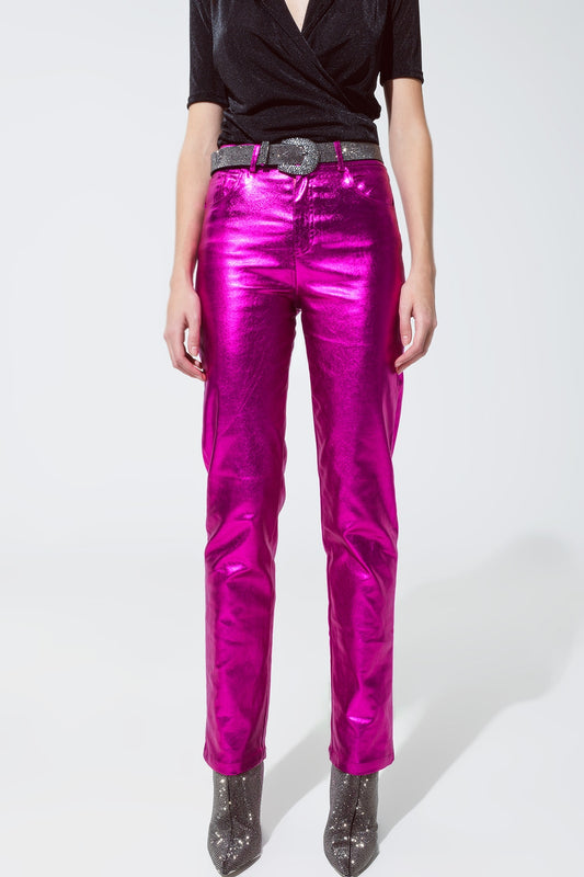 Q2 Pantaloni dritti metallizzati in fucsia